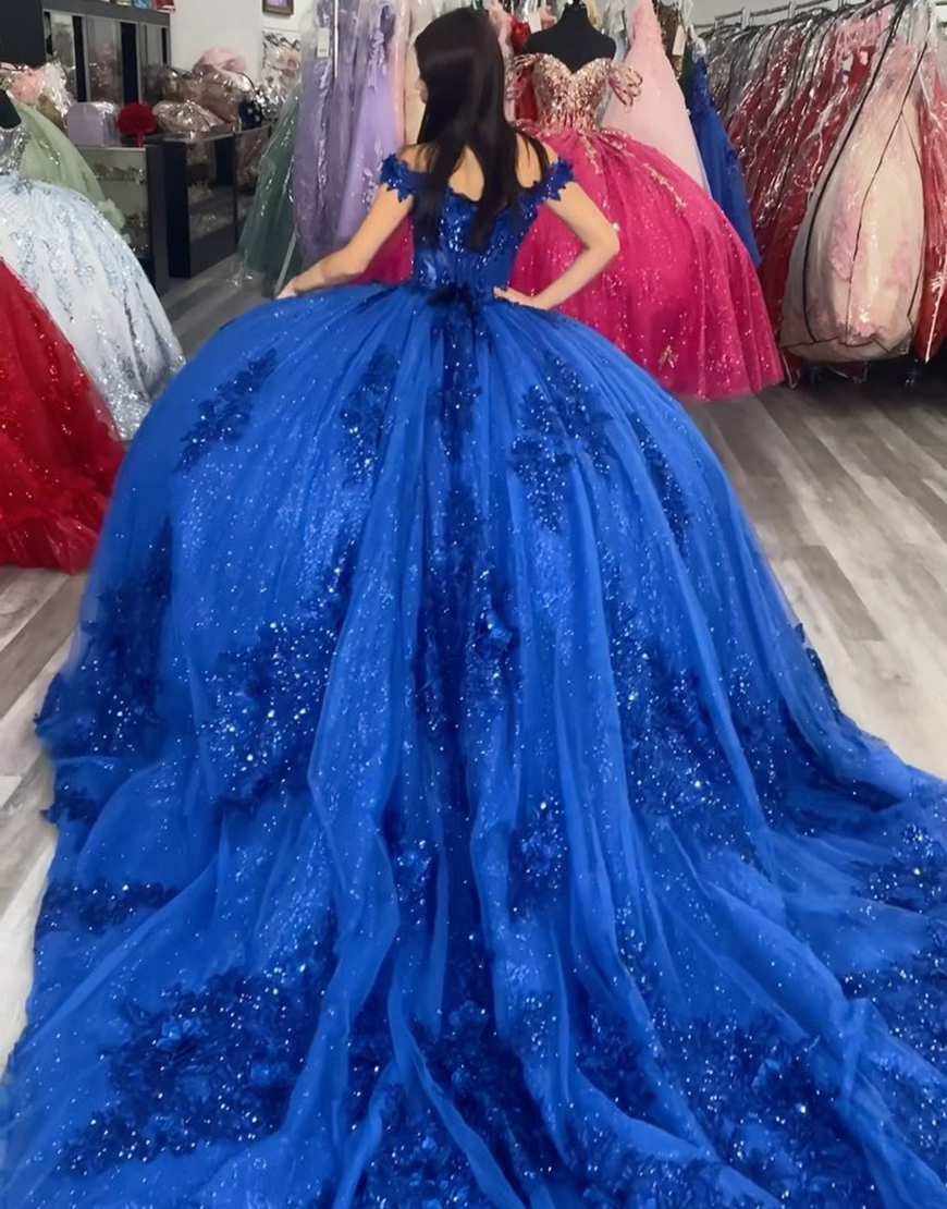 Sparkly Royal Blue Off The Shoulder Ruffles Quinceanera Dress with Sequin Appliques 