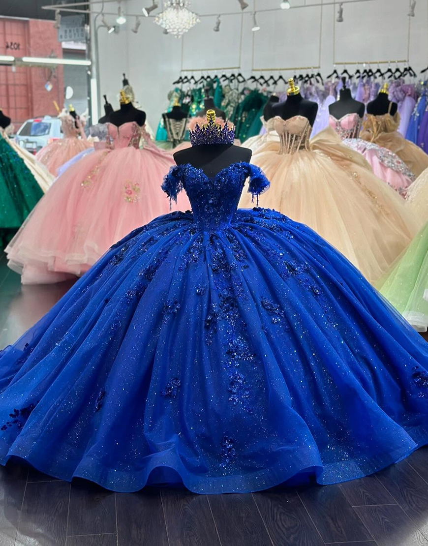 Sparkly Royal Blue Off The Shoulder Ruffles Quinceanera Dress with Sequin Appliques 