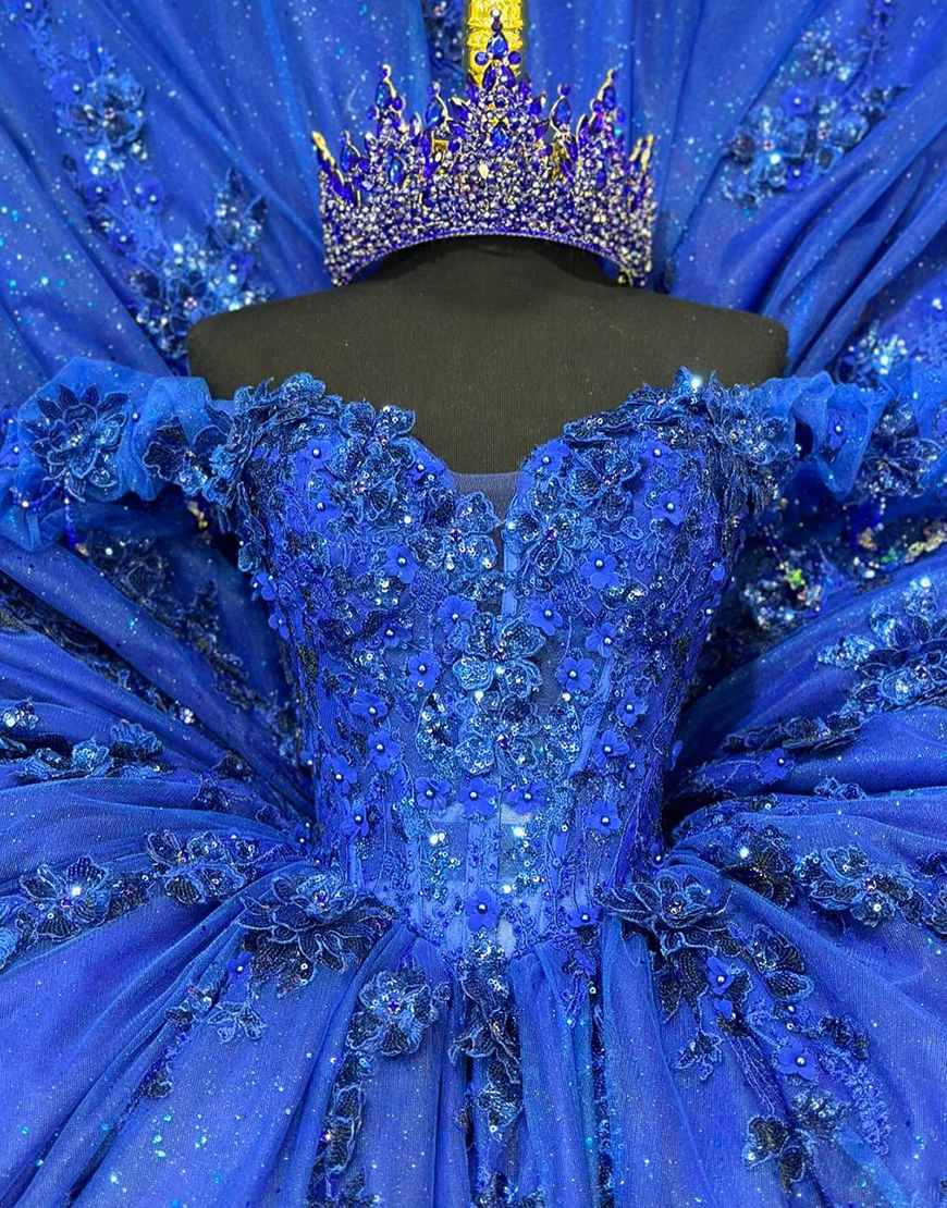 Sparkly Royal Blue Off The Shoulder Ruffles Quinceanera Dress with Sequin Appliques 