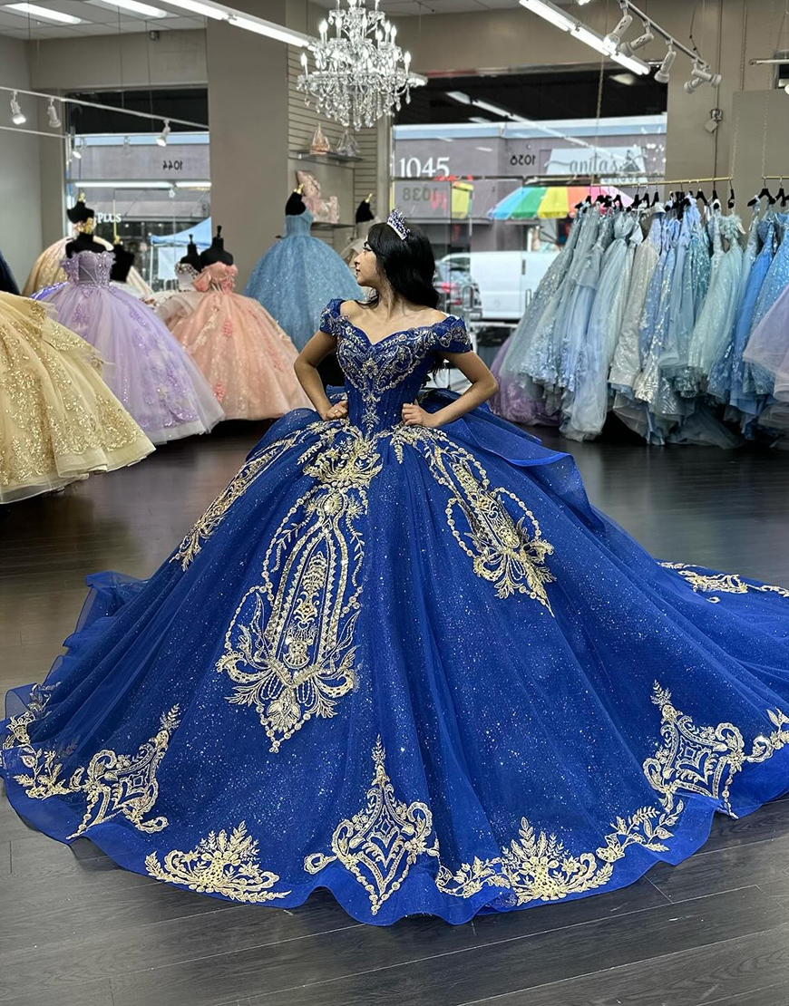 Sparkly Royal Blue Off The Shoulder Sequin Ruffles Sweet 16 Dresses with Appliques 