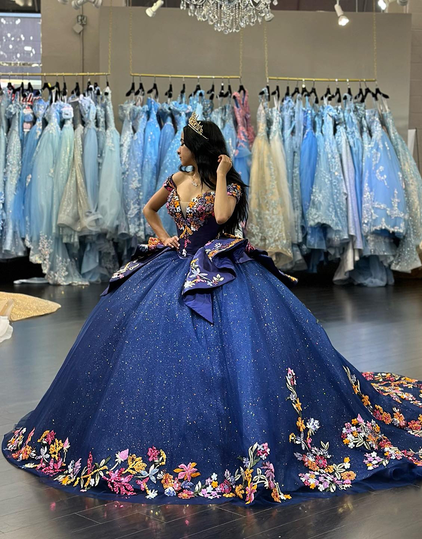 Sparkly Navy Off The Shoulder Sequin Sweet 16 Dresses with Appliques  Flower