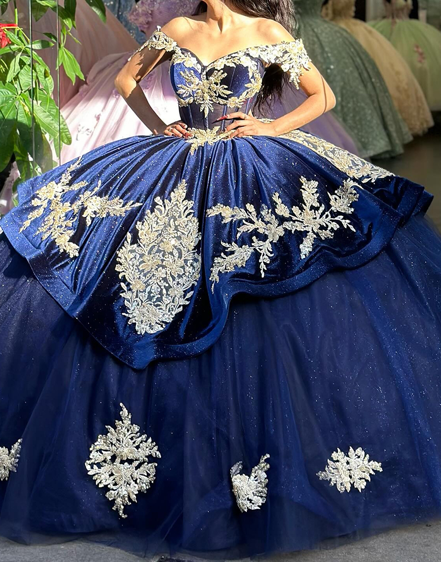 Sparkly Navy Off The Shoulder Sequin  Quinceanera Dresses with Appliques 