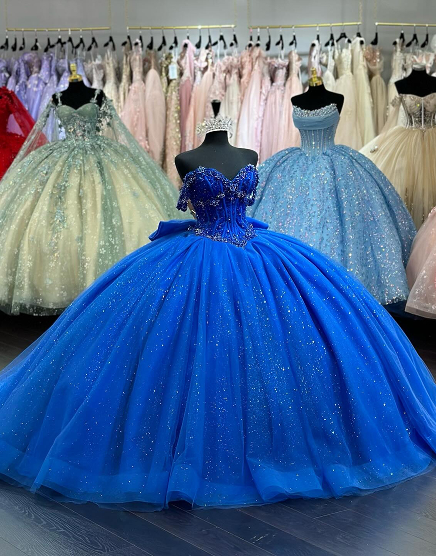 Sparkly Royal Blue Off The Shoulder Sequin Ruffles Quinceanera Dress with Bow