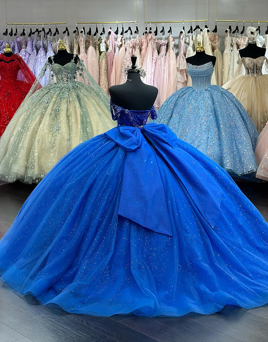Sparkly Royal Blue Off The Shoulder Sequin Ruffles Quinceanera Dress with Bow