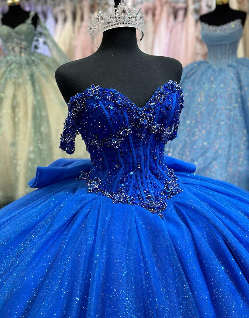 Sparkly Royal Blue Off The Shoulder Sequin Ruffles Quinceanera Dress with Bow