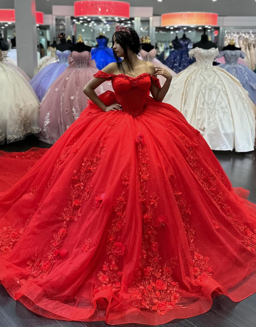 Red Off the Shoulder 3D Appliques Tulle Quinceanera Dress with Bow