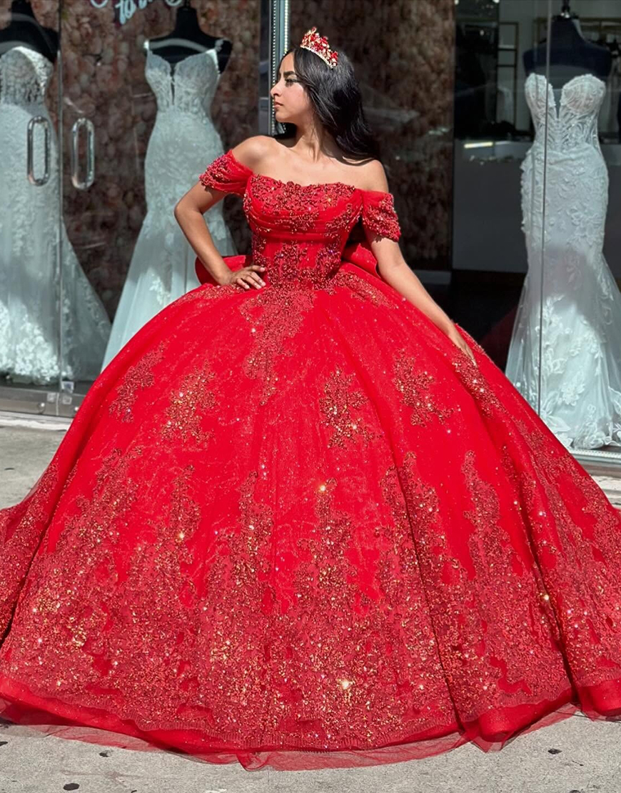 Sparkly Red Off the Shoulder Sequins Appliques Tulle Quinceanera Dress with Bow