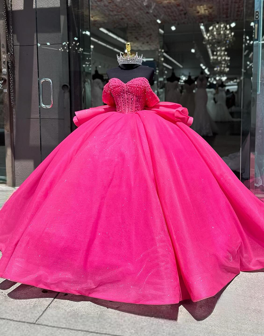 Sparkly Fuchsia Ball Gown Off The Shoulder Quinceanera Dress with Bow