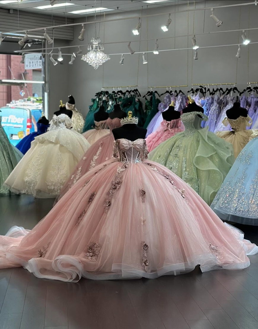 Sparkly Blush Sweetheart Off The Shoulder Tulle Quinceanera Dress with Rhinestones