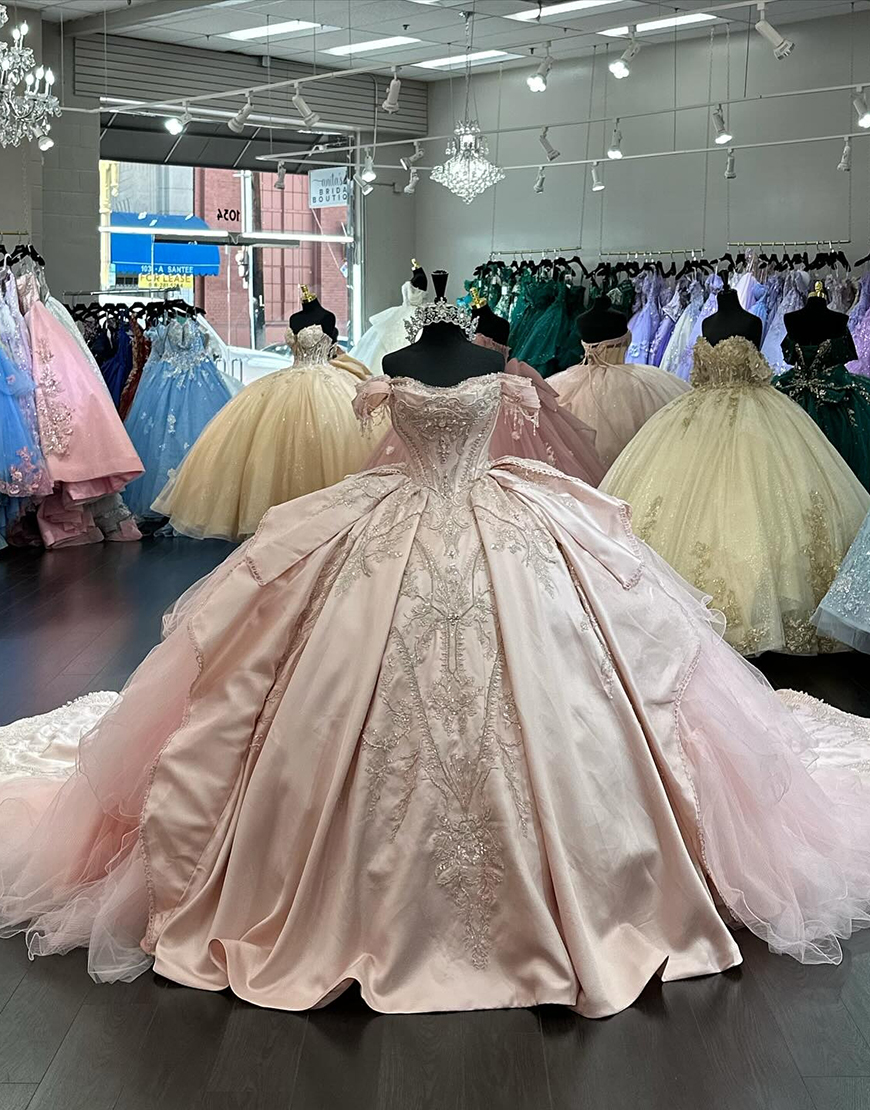 Sparkly Blush Sweetheart Off The Shoulder Ruffles Appliques Beading Quinceanera Dress with Bow
