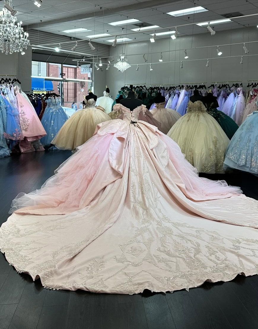 Sparkly Blush Sweetheart Off The Shoulder Ruffles Appliques Beading Quinceanera Dress with Bow