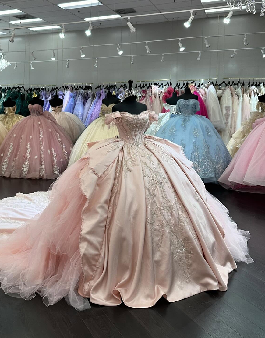 Sparkly Blush Sweetheart Off The Shoulder Ruffles Appliques Beading Quinceanera Dress with Bow