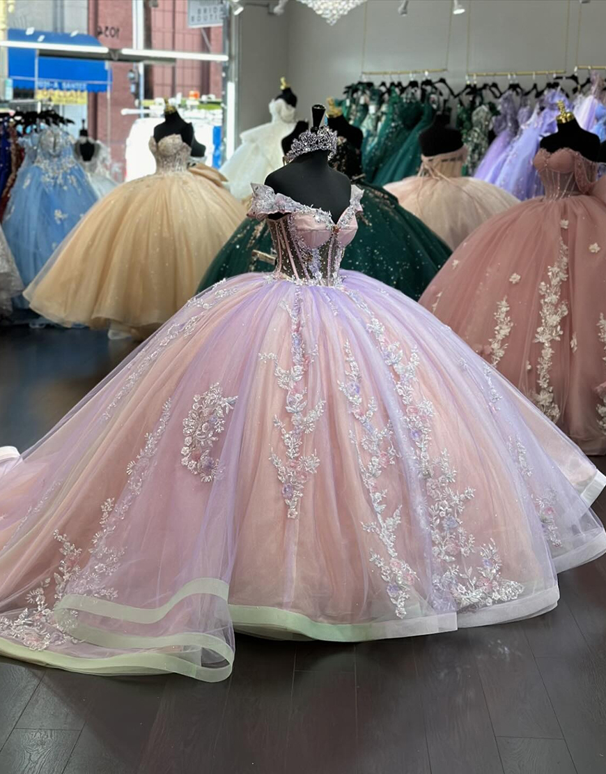 Sparkly Blush Off The Shoulder Ruffles Tulle Quinceanera Dress with Rhinestones Appliques 
