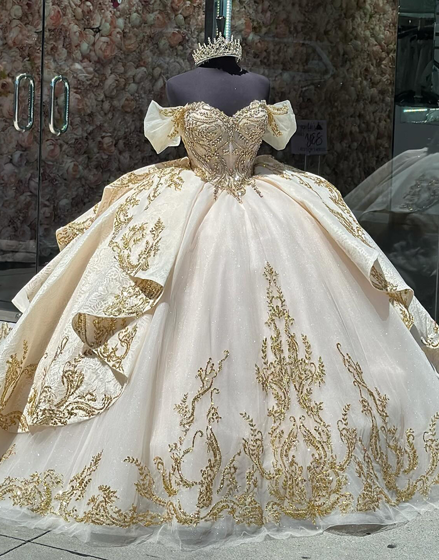 Sparkly Apricot Off The Shoulder Ruffles Quinceanera Dress with Sequin Appliques 