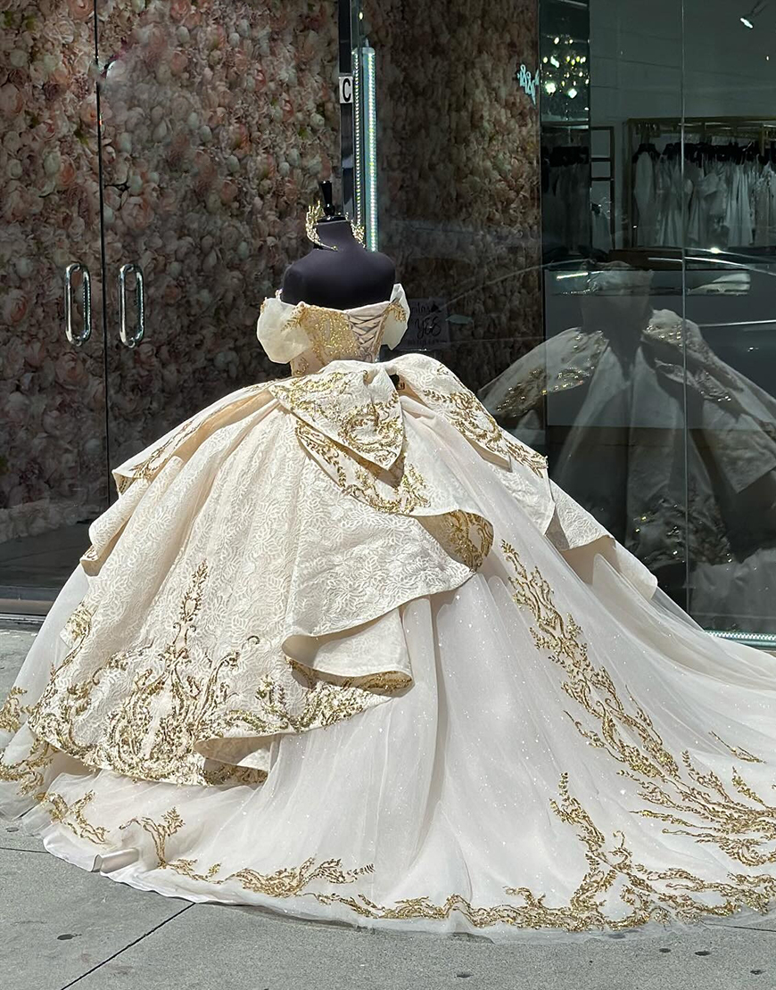 Sparkly Apricot Off The Shoulder Ruffles Quinceanera Dress with Sequin Appliques 