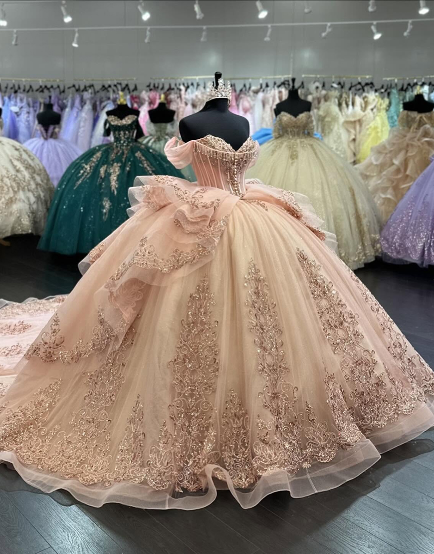 Blush Off The Shoulder Ruffles Tulle Corset Quinceanera Dress with Rhinestones Appliques 