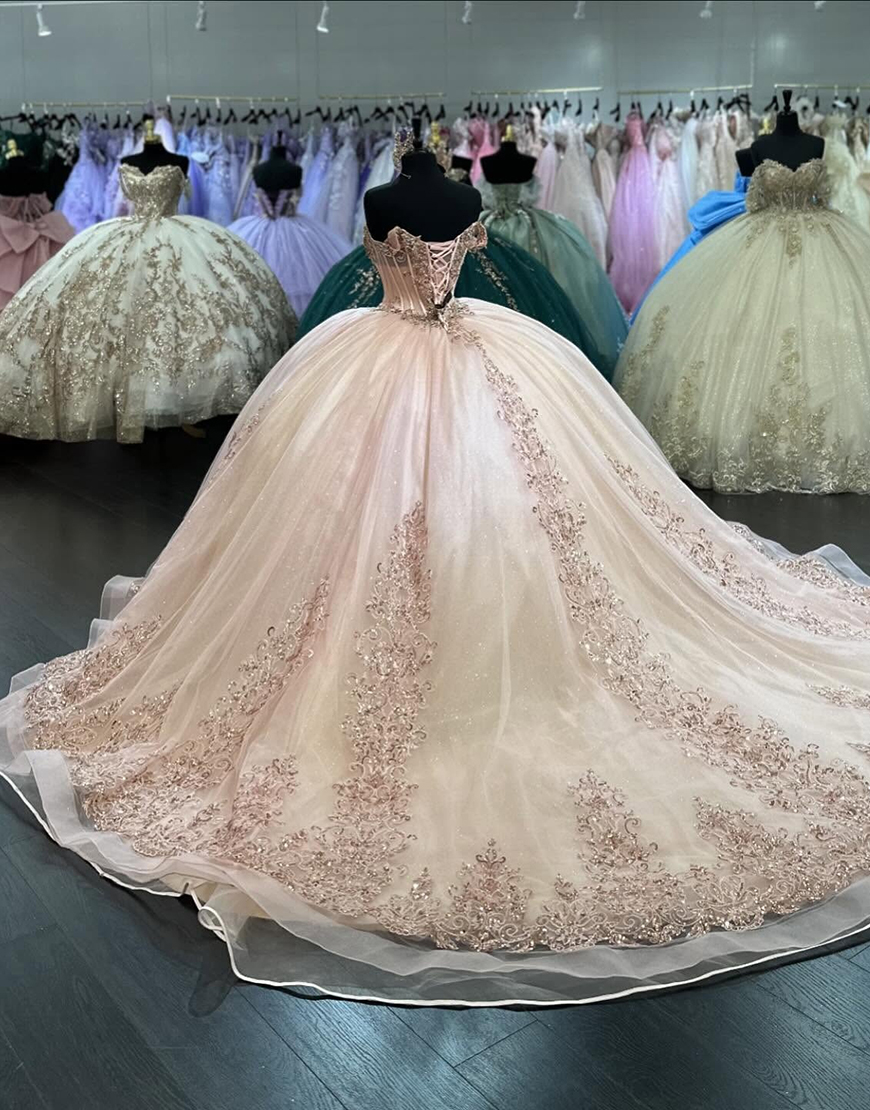 Blush Off The Shoulder Ruffles Tulle Corset Quinceanera Dress with Rhinestones Appliques 
