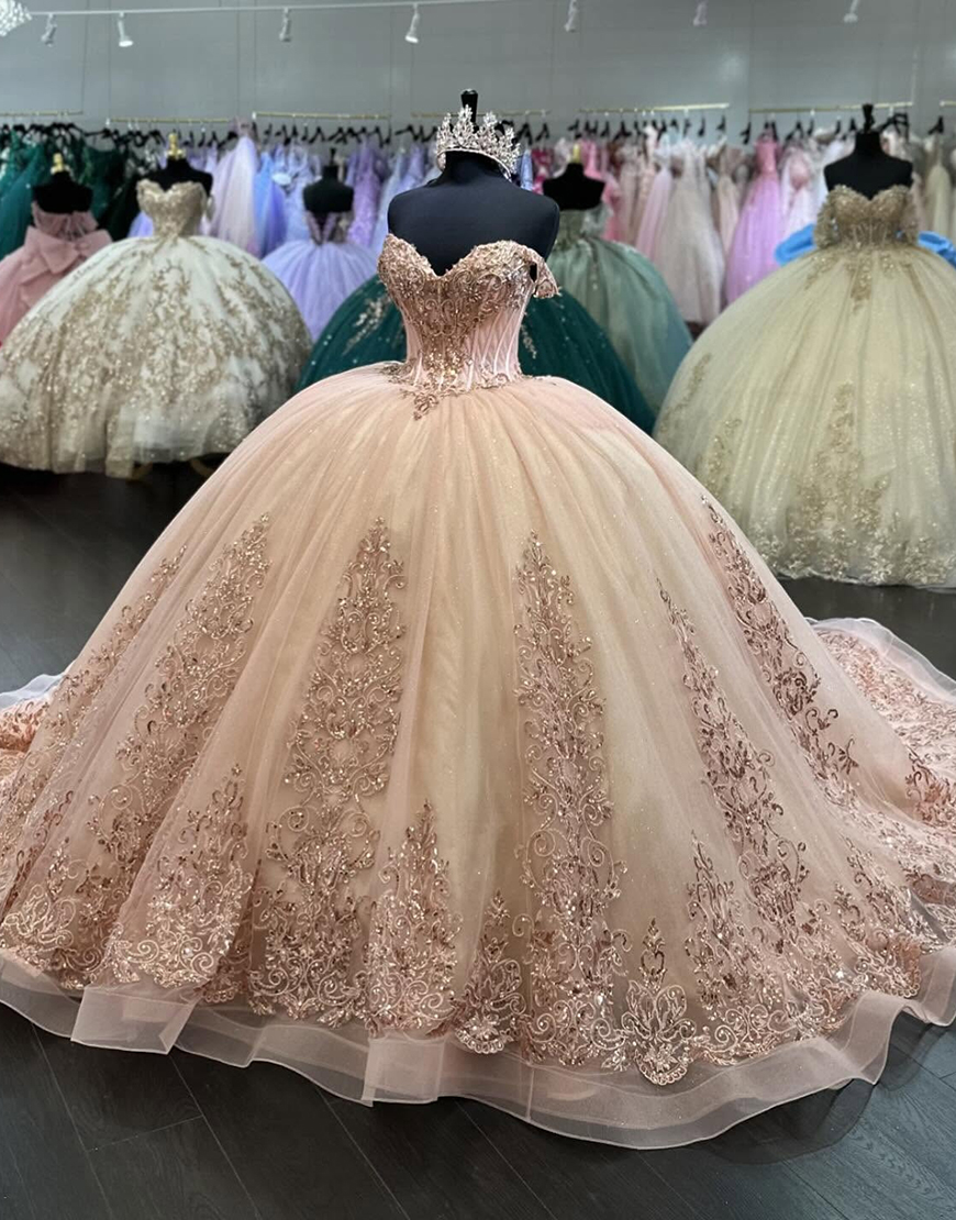 Blush Off The Shoulder Ruffles Tulle Corset Quinceanera Dress with Rhinestones Appliques 