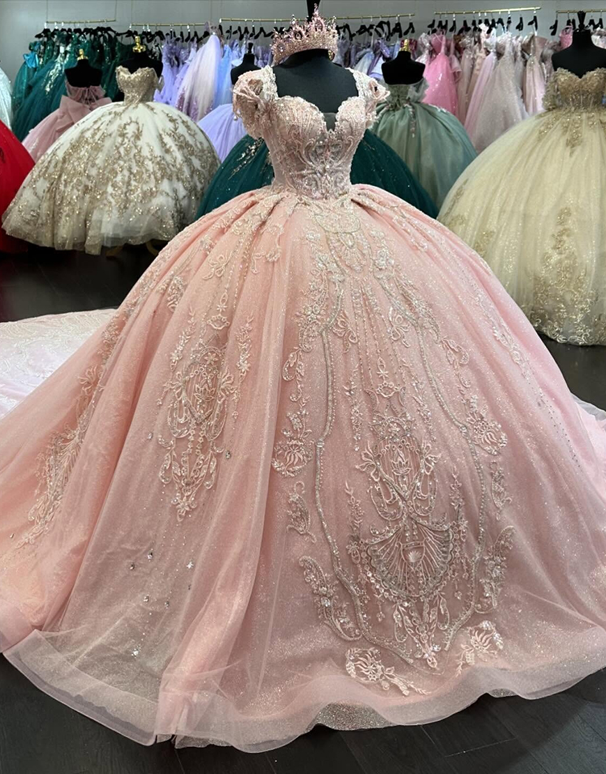 Sparkly Blush Square Collar Rhinestones Appliques Tulle Quinceanera Dress