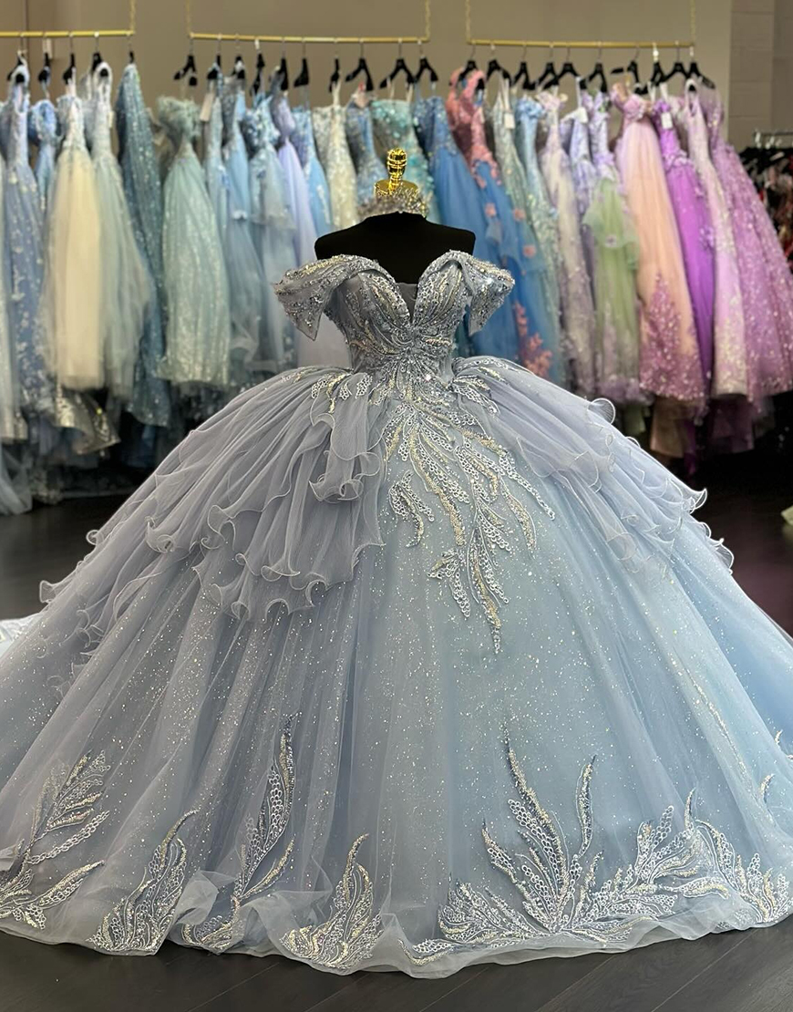 Sparkly Light Blue Off The Shoulder Ruffles Tulle Quinceanera Dresses with Sequin Appliques
