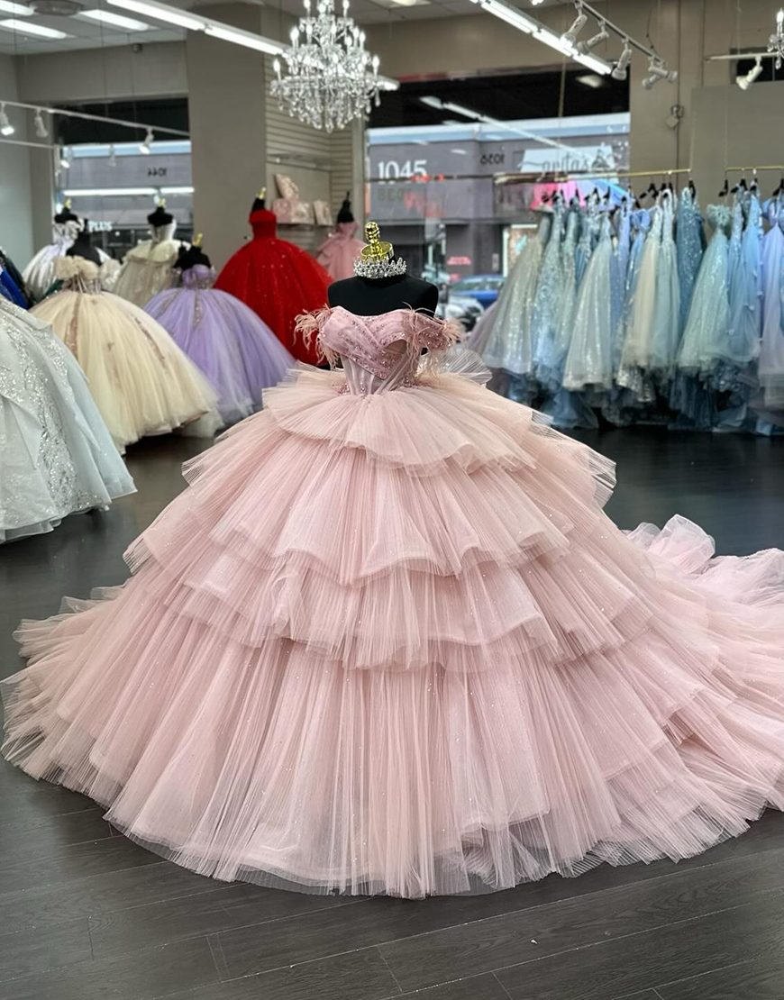 Blush Off The Shoulder Tiered Tulle Quinceanera Dress with Beading