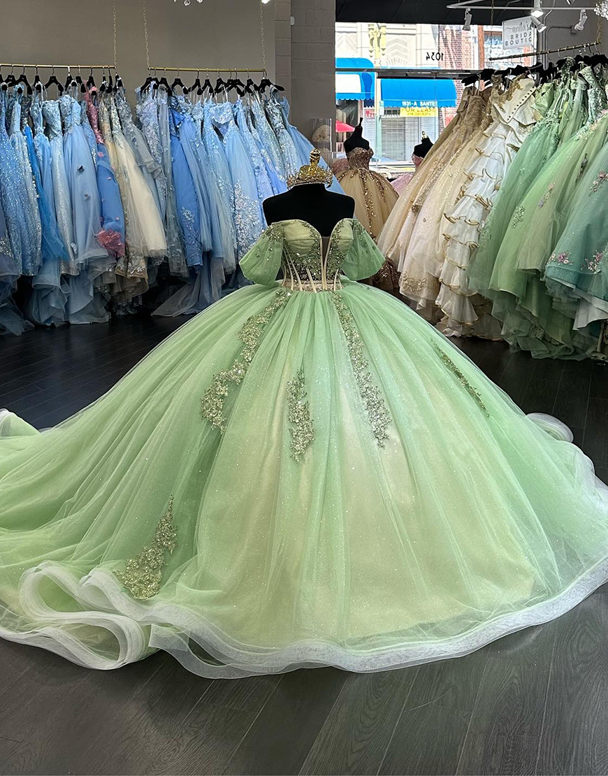 Green Off The Shoulder Tulle Quinceanera Dresses with Sequin Appliques