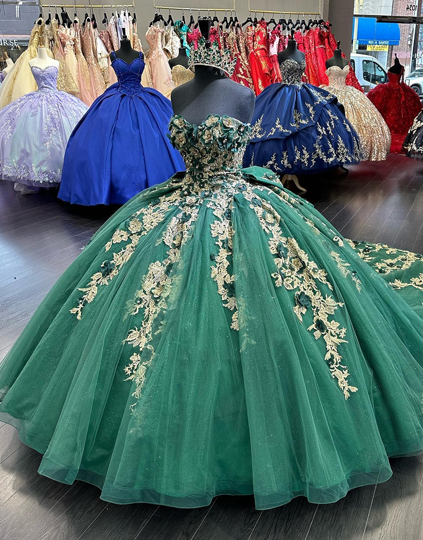 Dark Green Strapless 3D Appliques Pleated Tulle Quinceanera Dresses with Bow