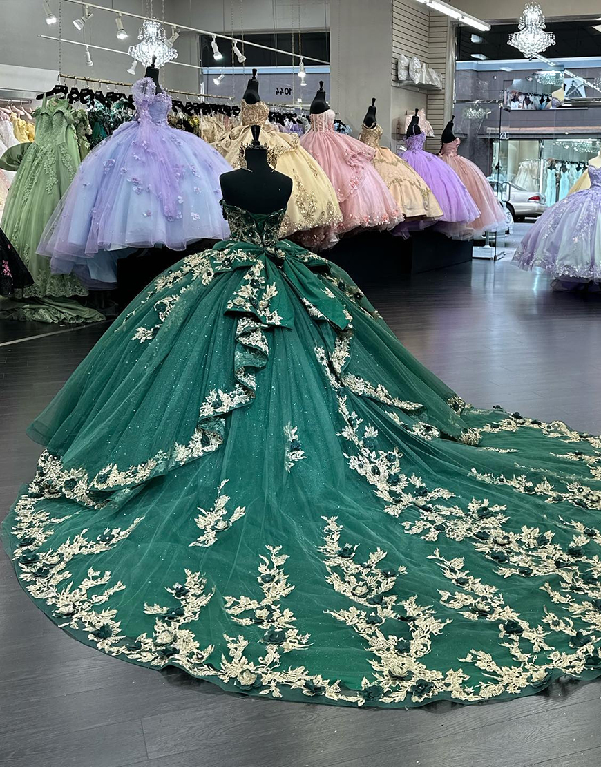 Dark Green Strapless 3D Appliques Pleated Tulle Quinceanera Dresses with Bow