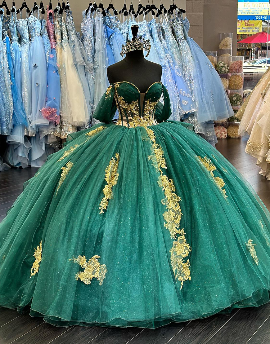 Sparkly Dark Green Off The Shoulder Corset Tulle Quinceanera Dresses with Appliques