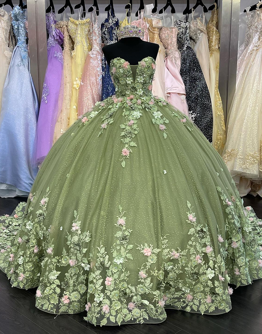 Sparkly Green Strapless Pleated Tulle Quinceanera Dresses with Sequined Appliques