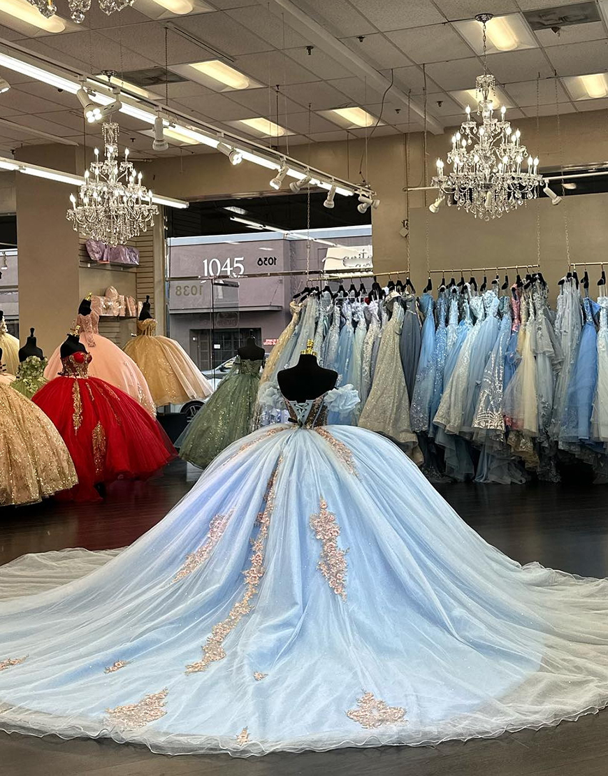 Sparkly  Light Blue Off The Shoulder Corset Quinceanera Dresses with Sequined Appliques