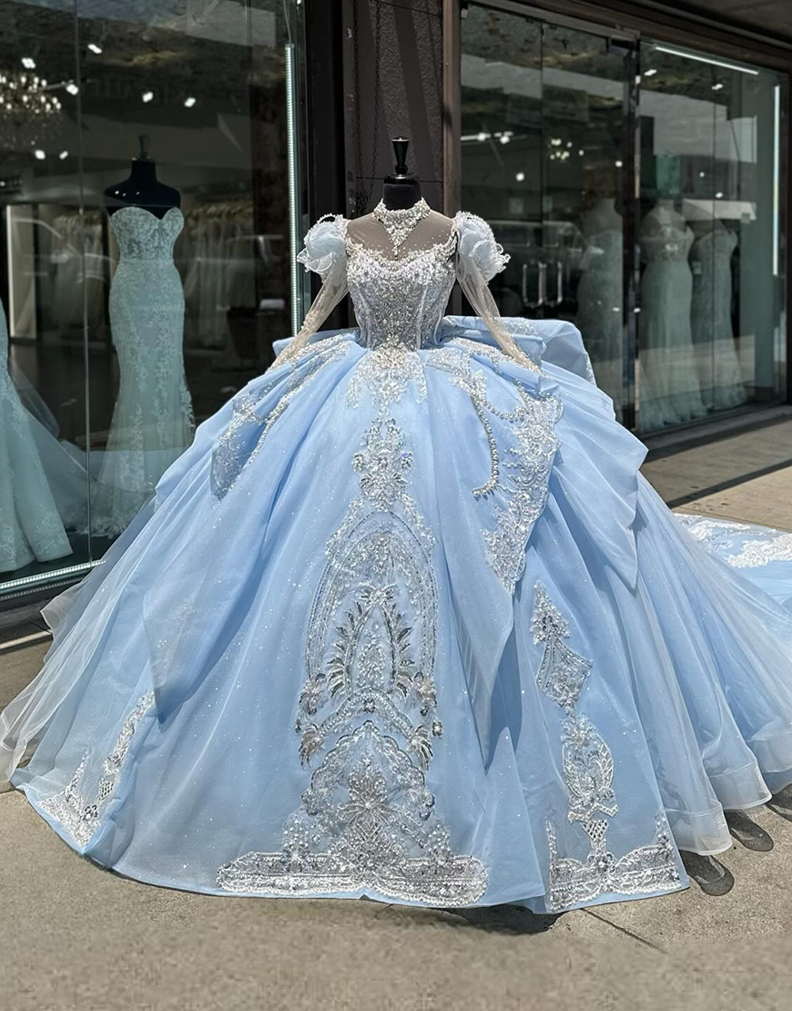 Sparkly  Light Blue Sweetheart Tulle Sleeve Quinceanera Dresses with Sequined Appliques