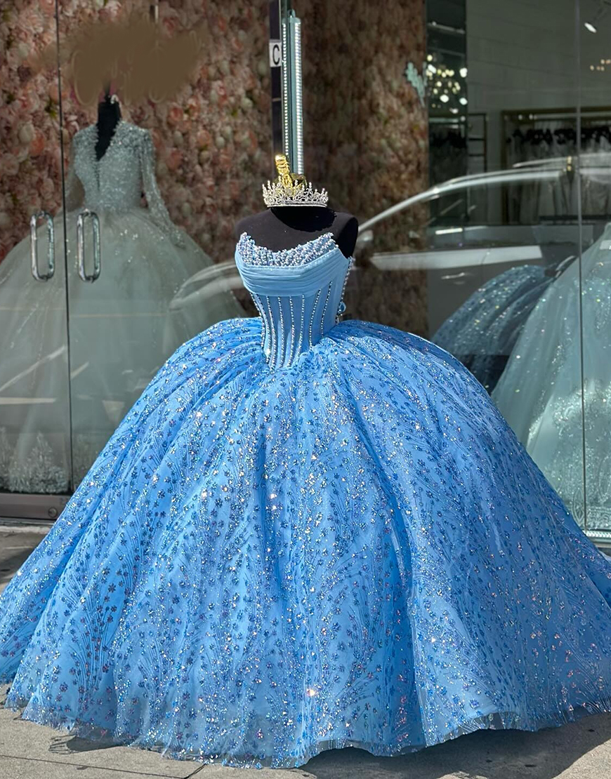 Sparkly Blue Off The Shoulder Beaded Quinceanera Dress With Appliques