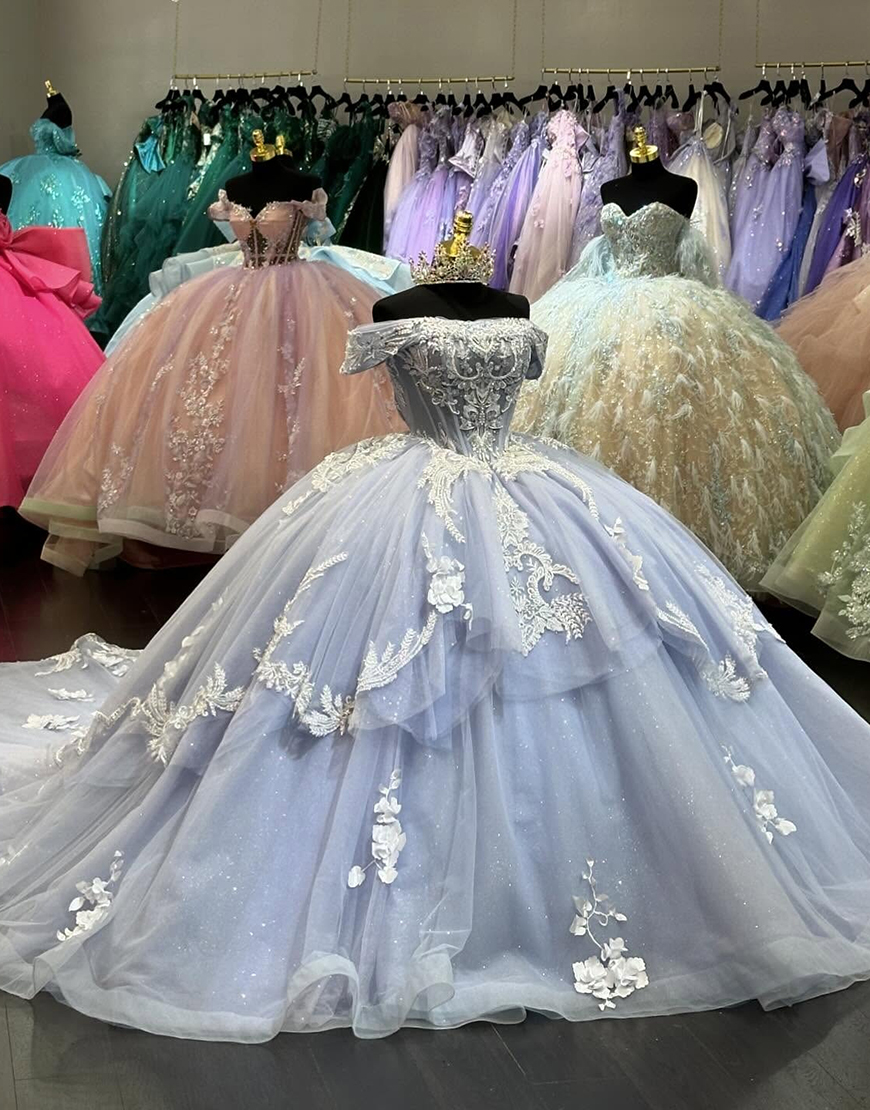 Sparkly Grey Blue Off The Shoulder Tulle Quinceanera Dress With Appliques
