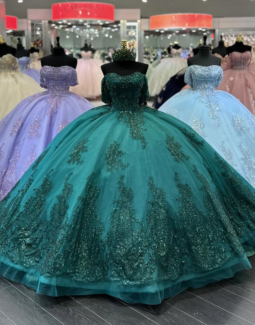 Sparkly Dark Green Off The Shoulder Beaded Quinceanera Dress With Appliques