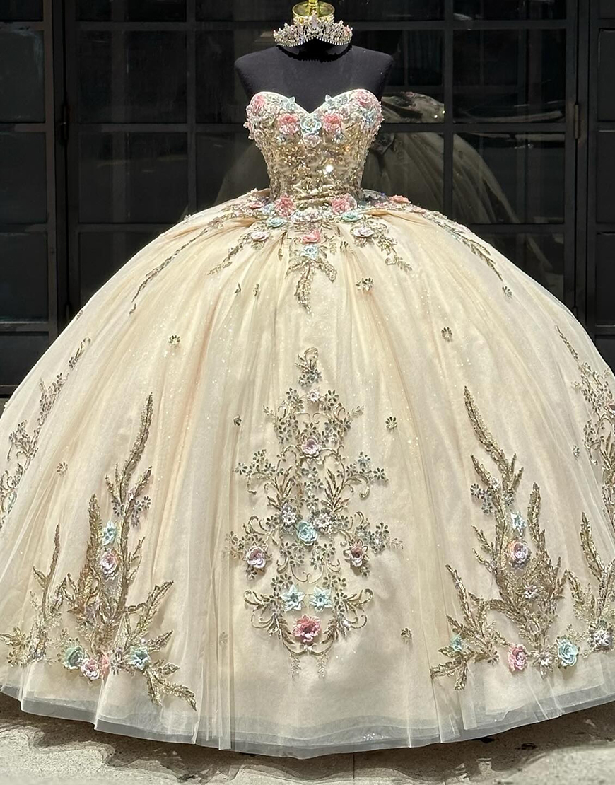 Sparkly Golden Sweetheart Off The Shoulder Beaded Flower Quinceanera Dress With Appliques