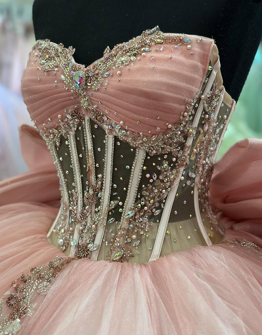 Sparkly Blush Off The Shoulder Beaded Appliques Tulle Quinceanera Dress With Bow