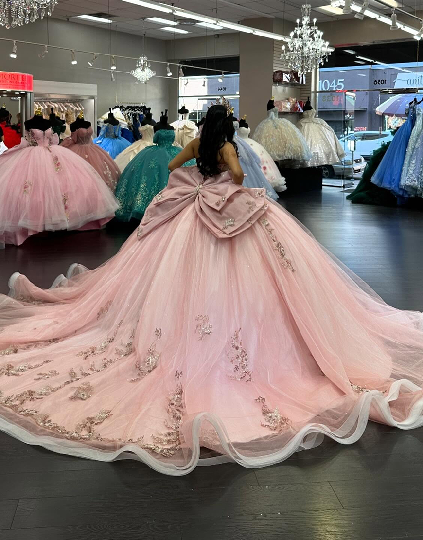 Sparkly Blush Off The Shoulder Beaded Appliques Tulle Quinceanera Dress With Bow