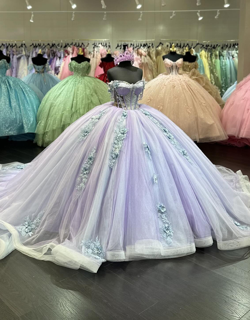 Sparkly Lilac Off The Shoulder Tulle Quinceanera Dress With Appliques