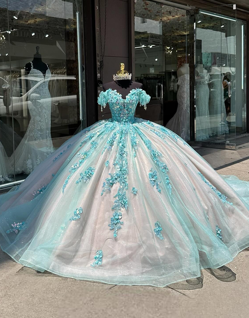 Sparkly Green Pink Sweetheart Off The Shoulder Tulle Quinceanera Dress With Appliques