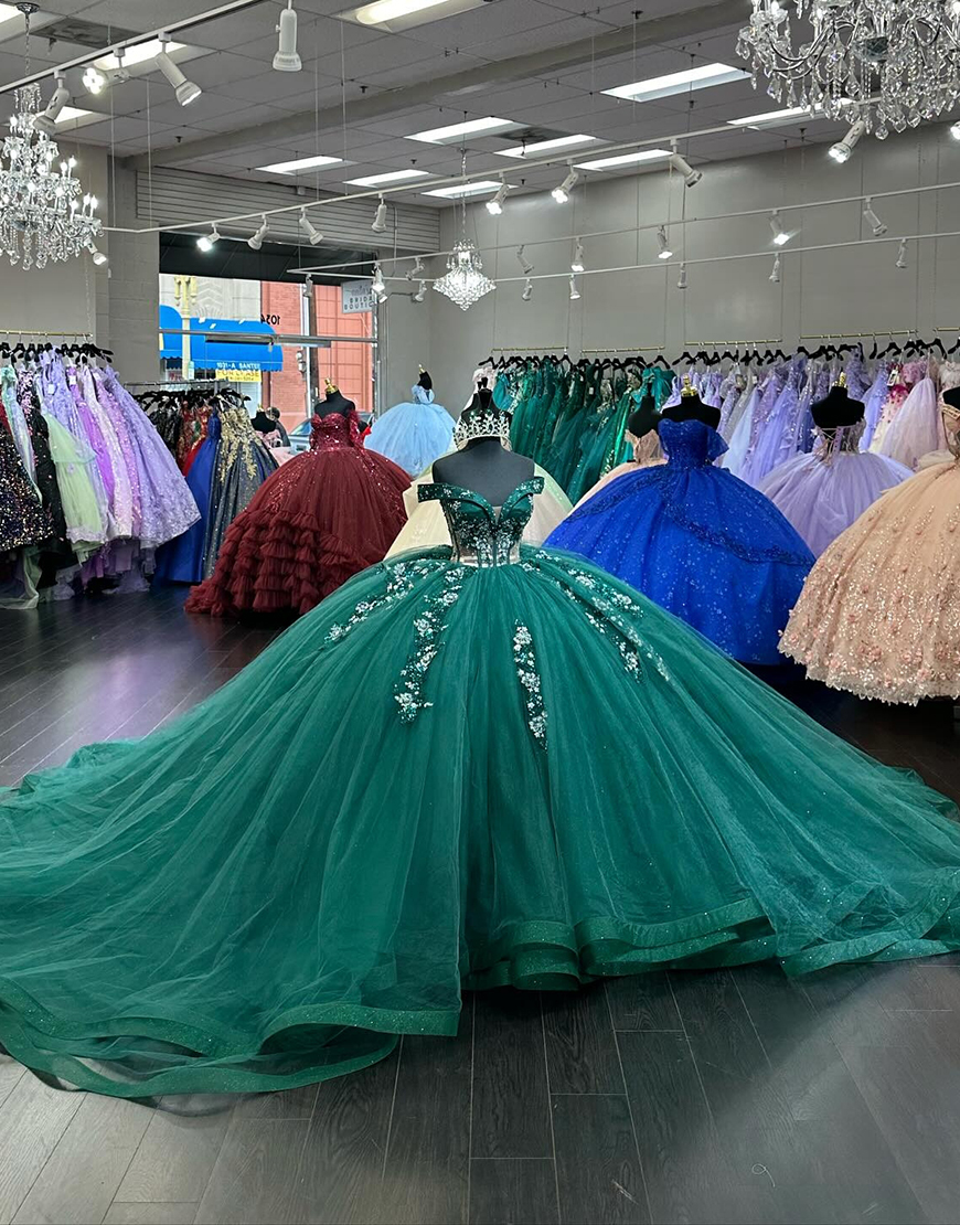 Sparkly Dark Green Off The Shoulder Tulle Sweet 16 Dresses With Appliques
