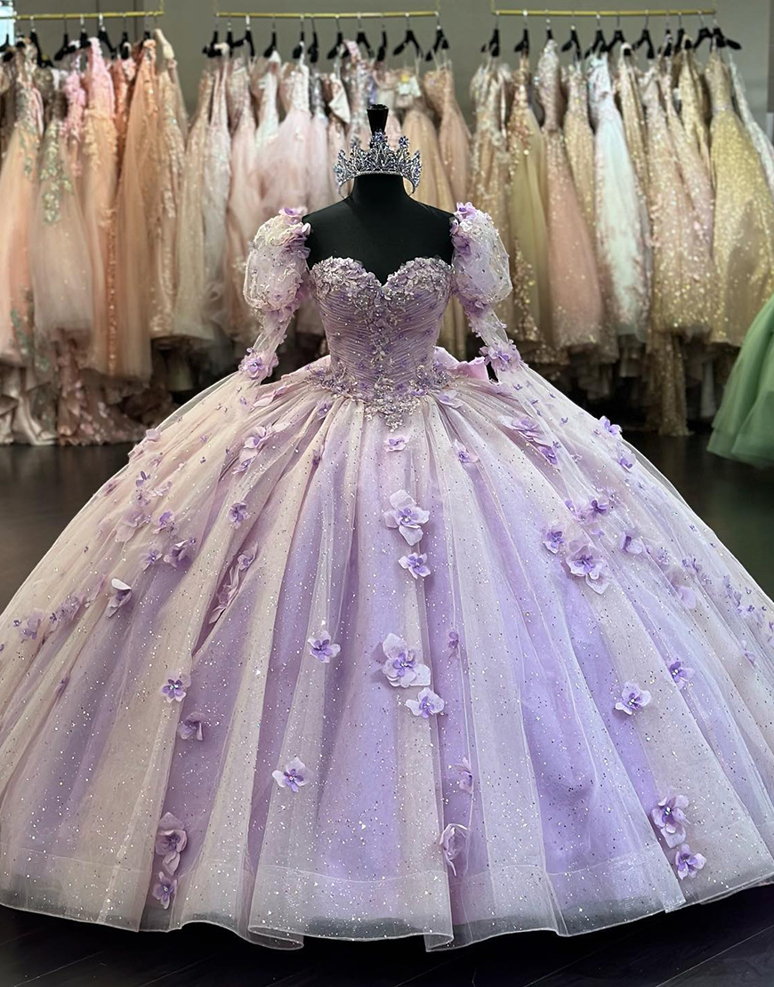Sparkly  Lilac Sweetheart Tulle Sleeve Flower Quinceanera Dresses with Sequined Appliques