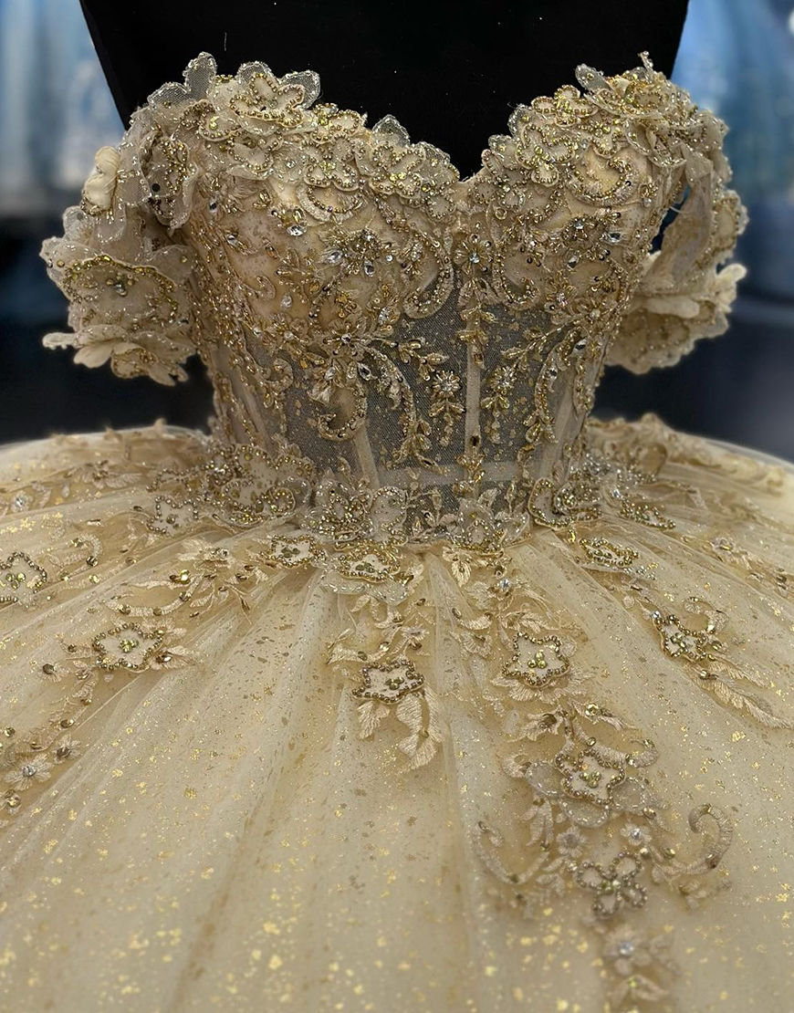 Sparkly Yellow Off The Shoulder Tulle Sweet 16 Dresses With Appliques