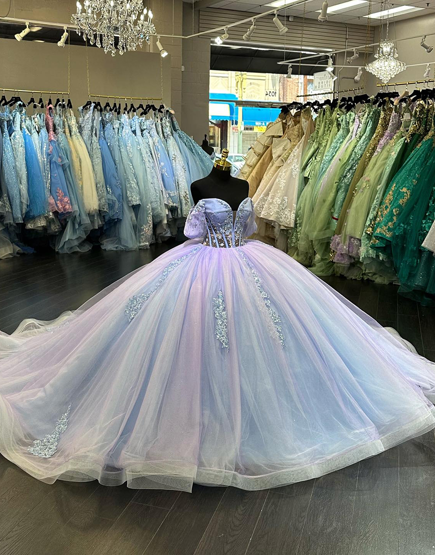Sparkly Blue Lilac Off The Shoulder  Quinceanera Dresses with Sequined Appliques