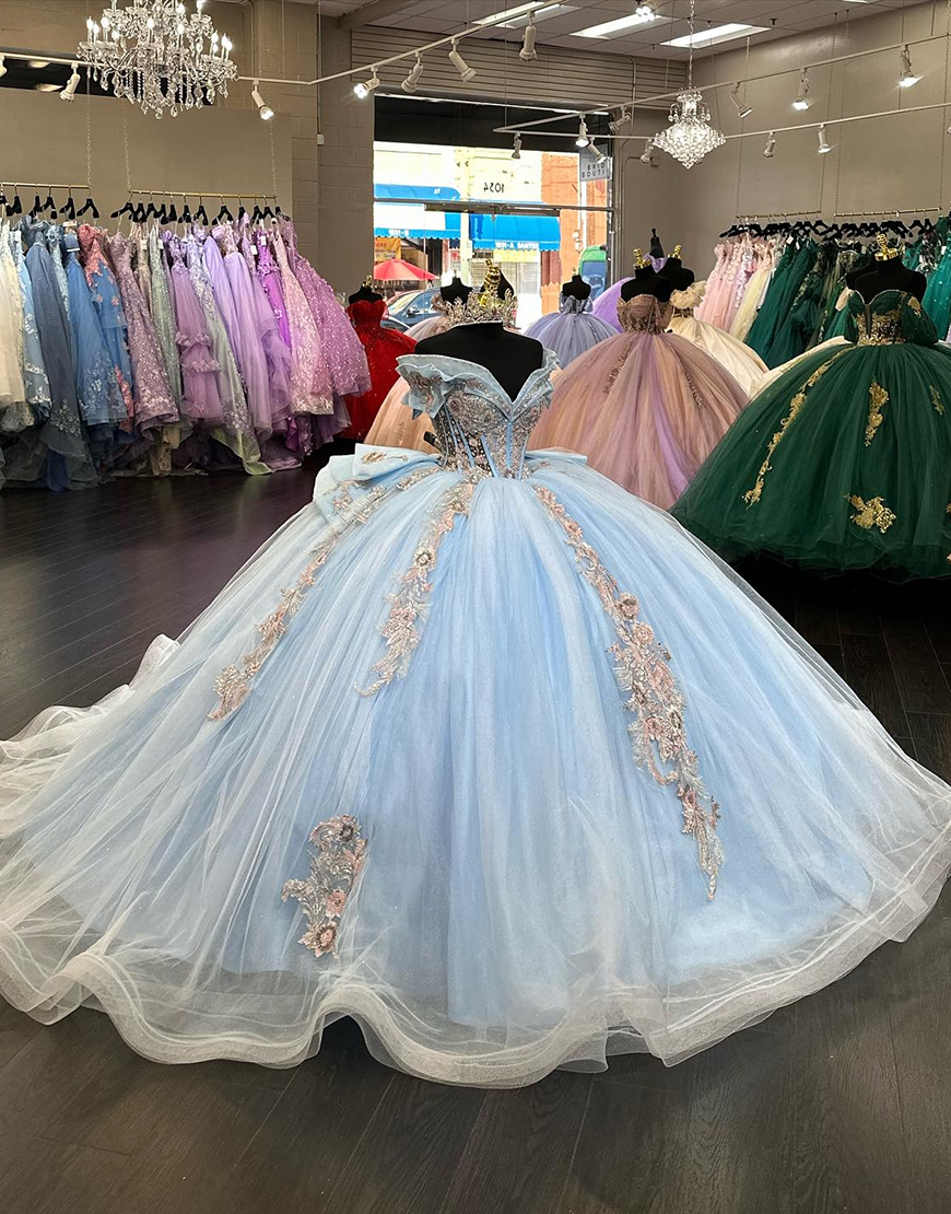 Sparkly Blue Off The Shoulder  Sequined Appliques Quinceanera Dresses with Bow