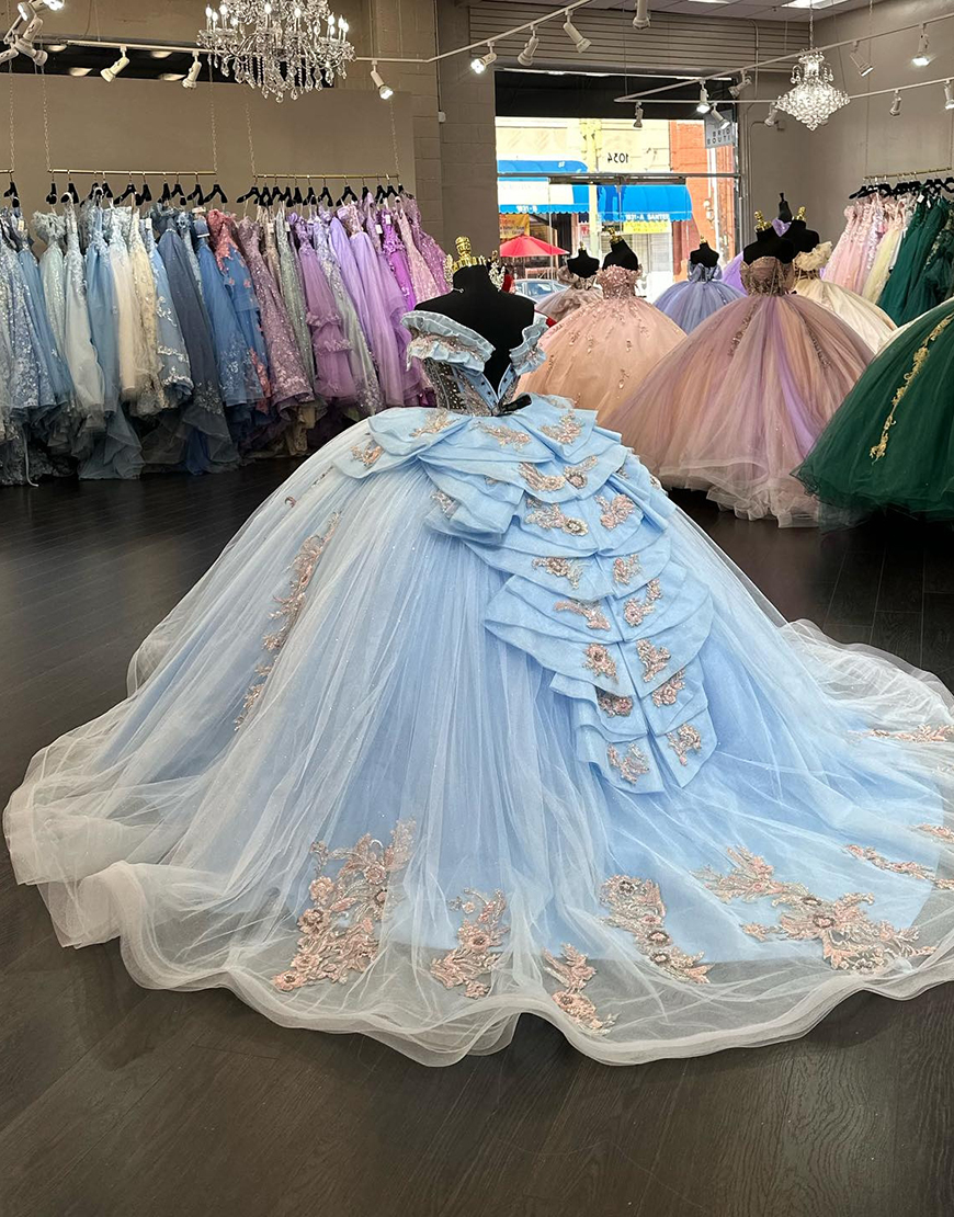 Sparkly Blue Off The Shoulder  Sequined Appliques Quinceanera Dresses with Bow