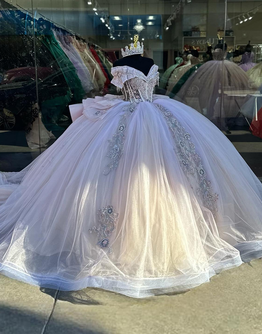 Sparkly Blue Off The Shoulder  Sequined Appliques Quinceanera Dresses with Bow