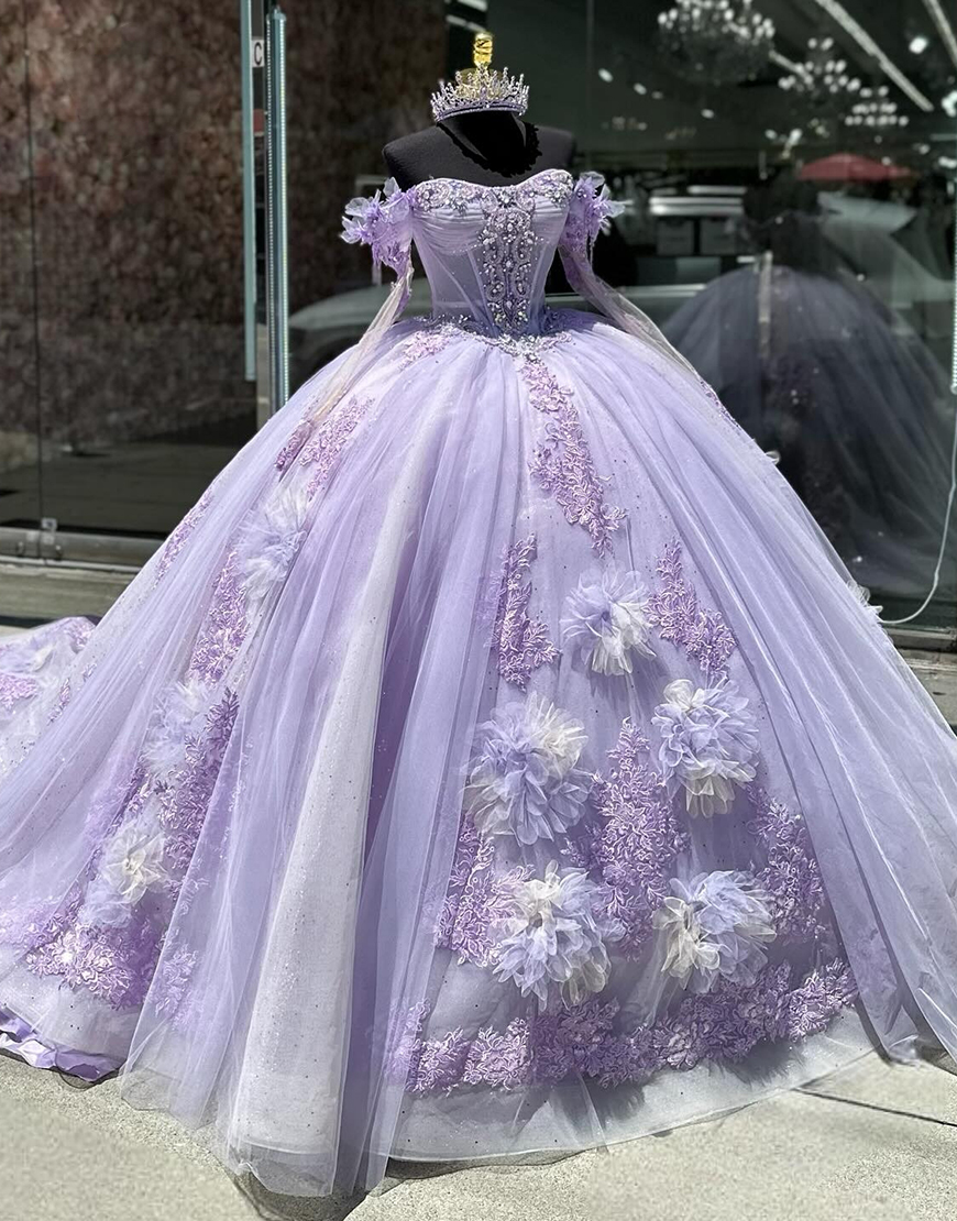 Sparkly  Lilac Sweetheart Tulle Sleeve Sequined Quinceanera Dresses with Appliques Flower