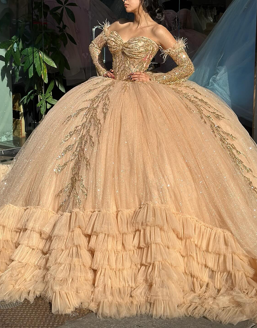 Sparkly  Champange Off The Shoulder Ruffle Sequined Quinceanera Dresses with Appliques