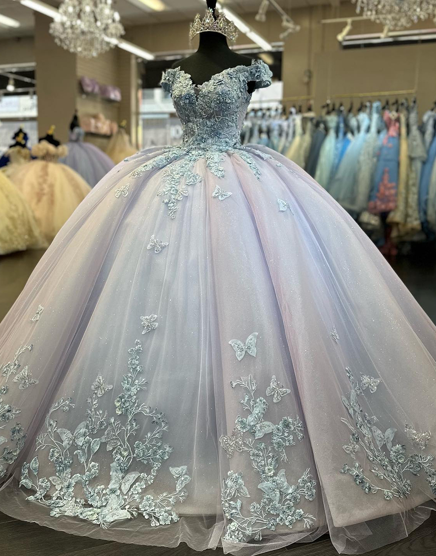 Sparkly  Blue Lilac Off The Shoulder Beading Quinceanera Dresses with Sequined Appliques